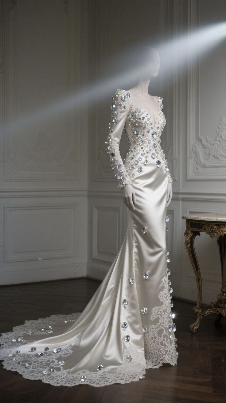 Charming White Satin Lace Beaded Mermaid Long Wedding Dress