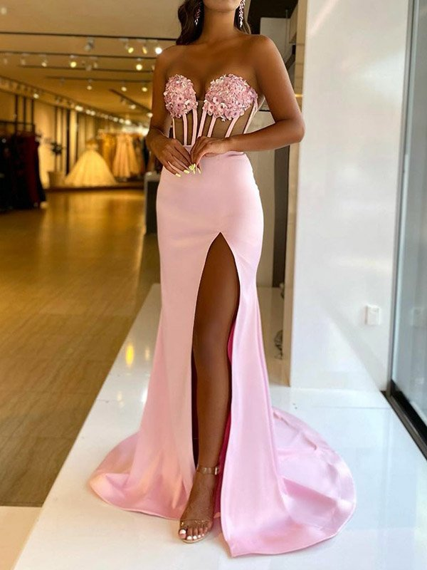 Embroidered Split-Joint Bandeau Prom Dress See-through Evening Dress