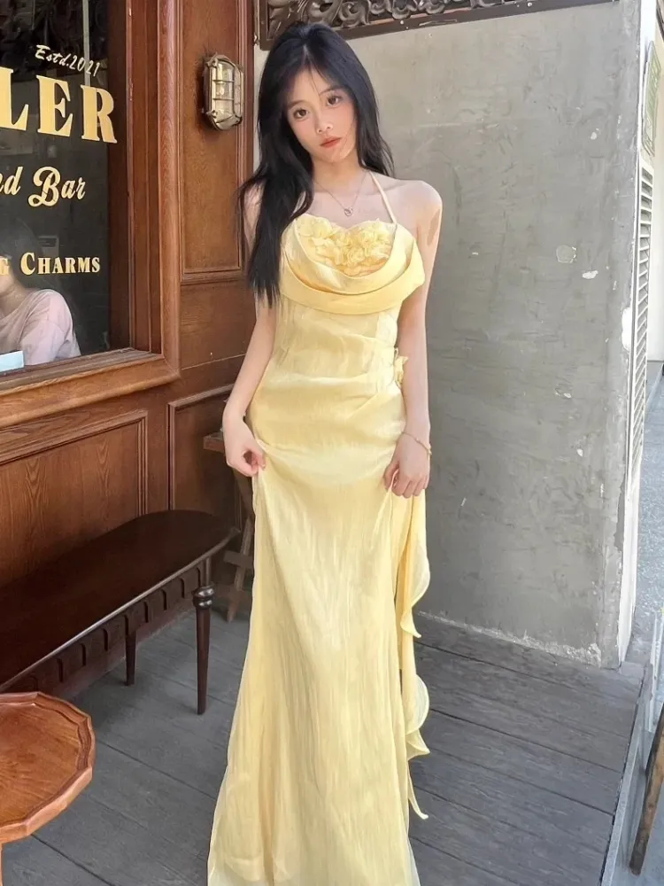 Vintage Halter Neck Floral Prom Dress Fairy Yellow Evening Dress Party Princess Dress