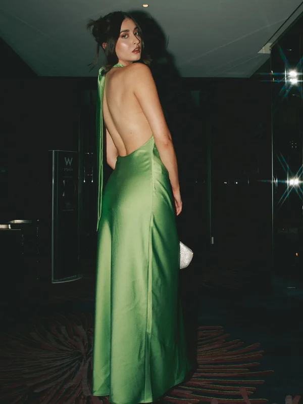 Simple Halter Green Satin Backless Evening Dress,Long Party Prom Dress