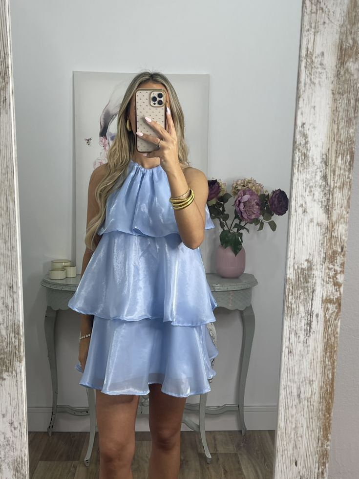 Sexy Halter Blue Organza Layered Homecoming Dress A Line Cocktail Dress