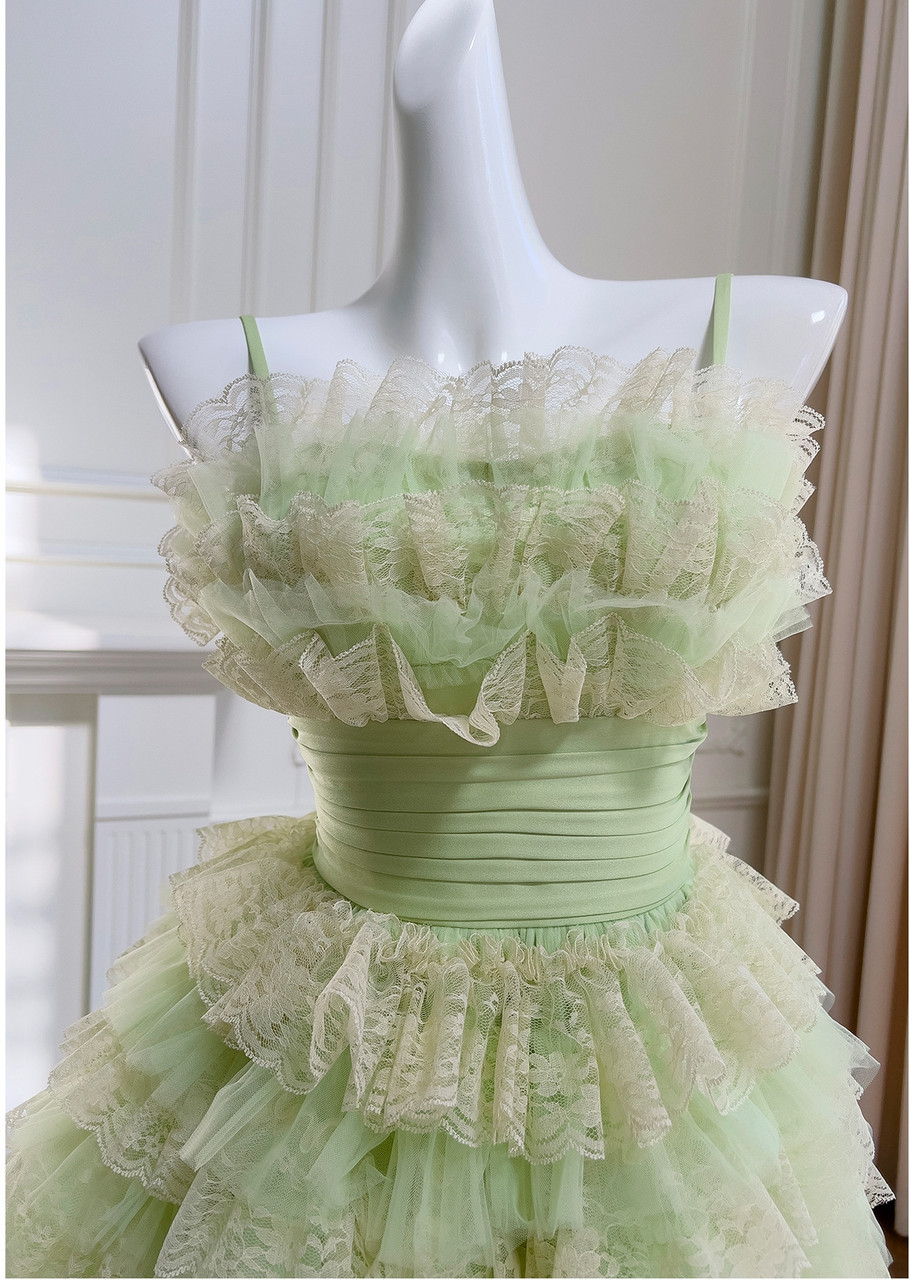 Light Green Tulle Lace Tiered Short Homecoming Dress Birthday Outfits