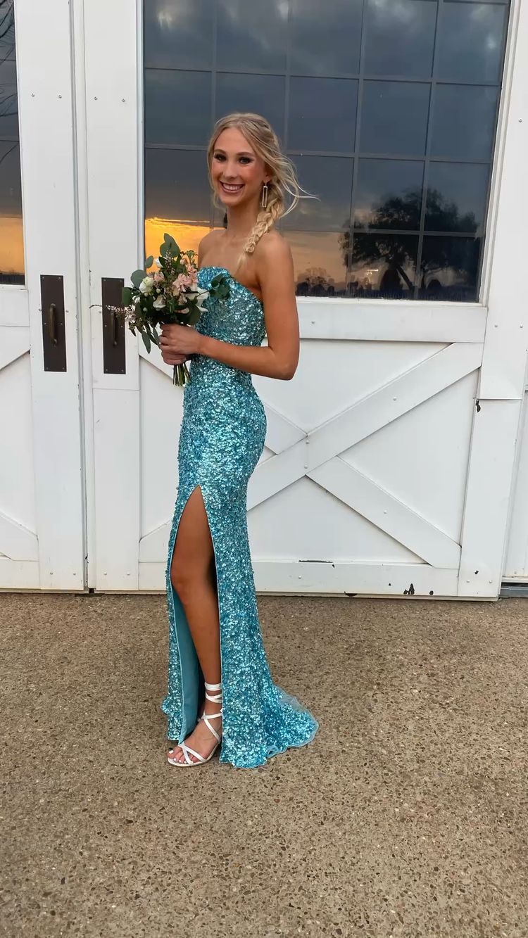 Strapless Sequins Long Prom Dress With Side Slit Sparkly Evening Dress