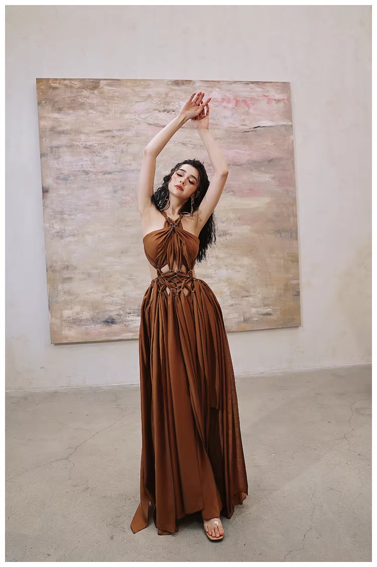 Sexy Halter Caramel Backless Satin Long party Dress Evening Gown