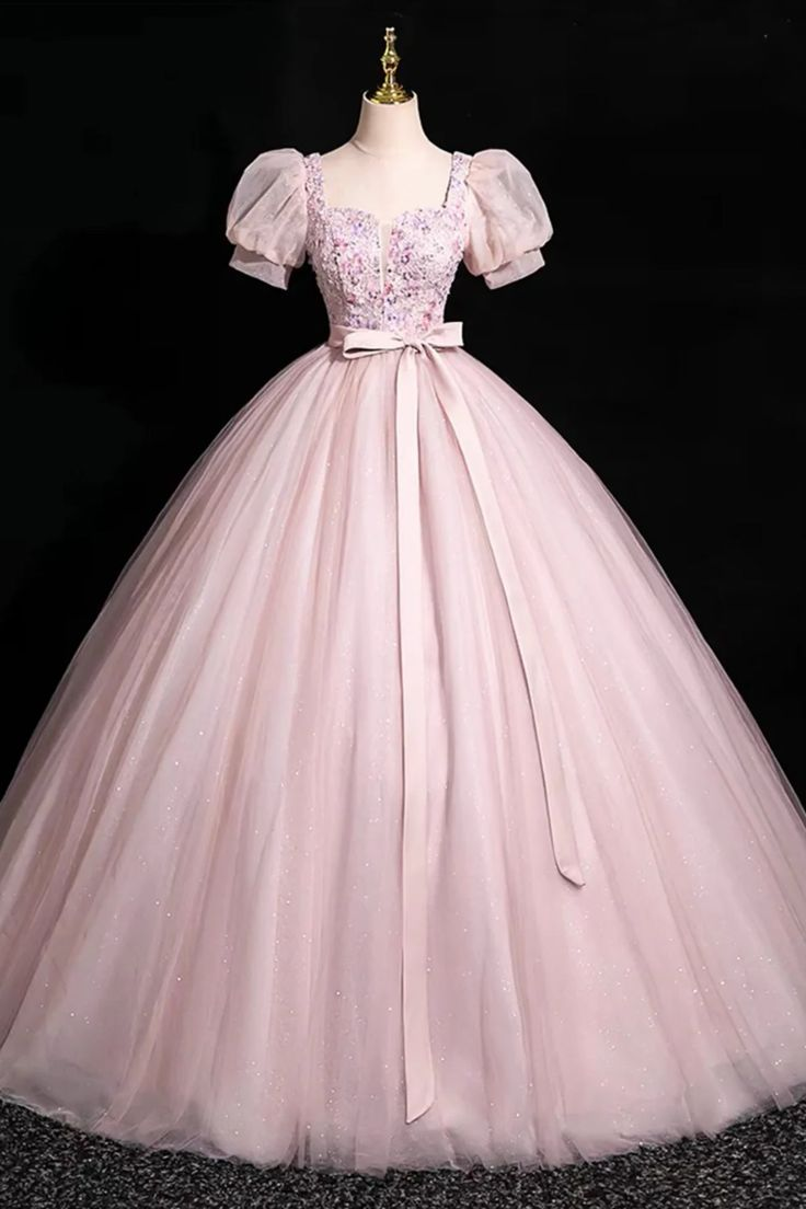 Pink Short Sleeves Floor Length Tulle Long Prom Dress, Long Pink Tulle Formal Evening Dress