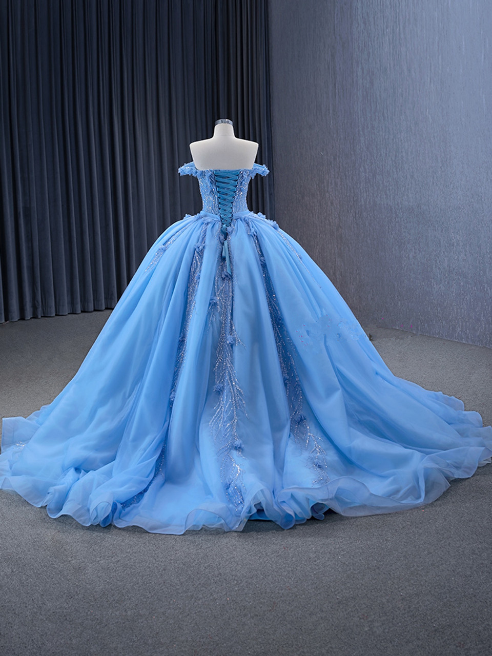 Glitter Blue Ball Gown Tulle Off the Shoulder Sequins Appliques Prom Dress