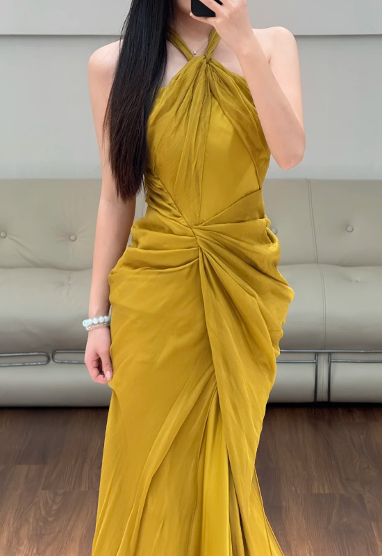 Halter Neck Yellow Prom Party Dress Evening Dress Birthday Dress