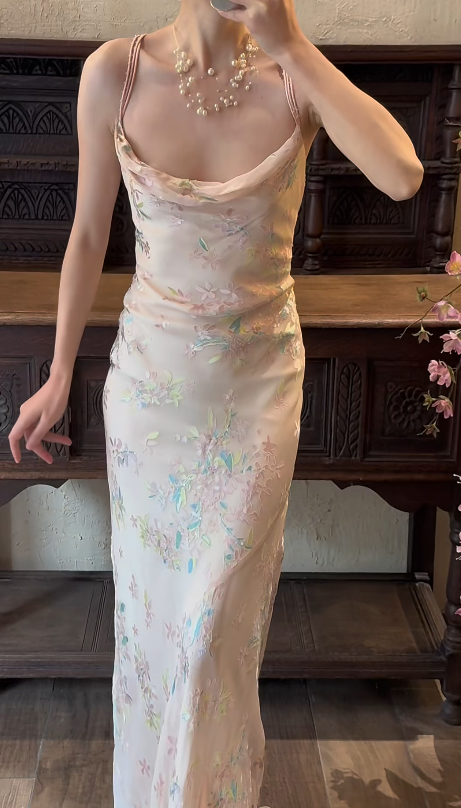 Sheath Pink Chiffon Prom Party Dress Vintage Flora Evening Dress