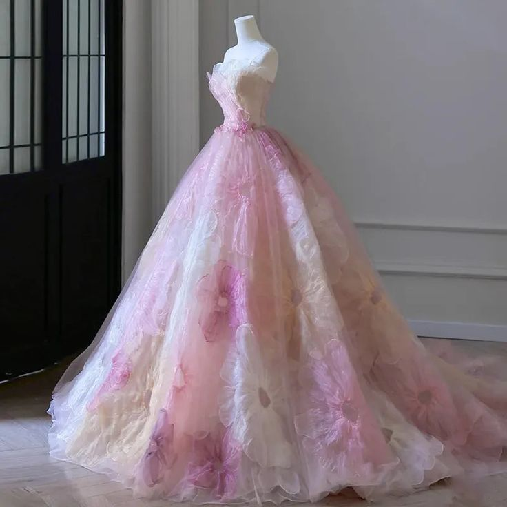 Fairy Pink 3D Appliques Flower Formal Ball Gown Elegant Strapless Sweet 16 Dress