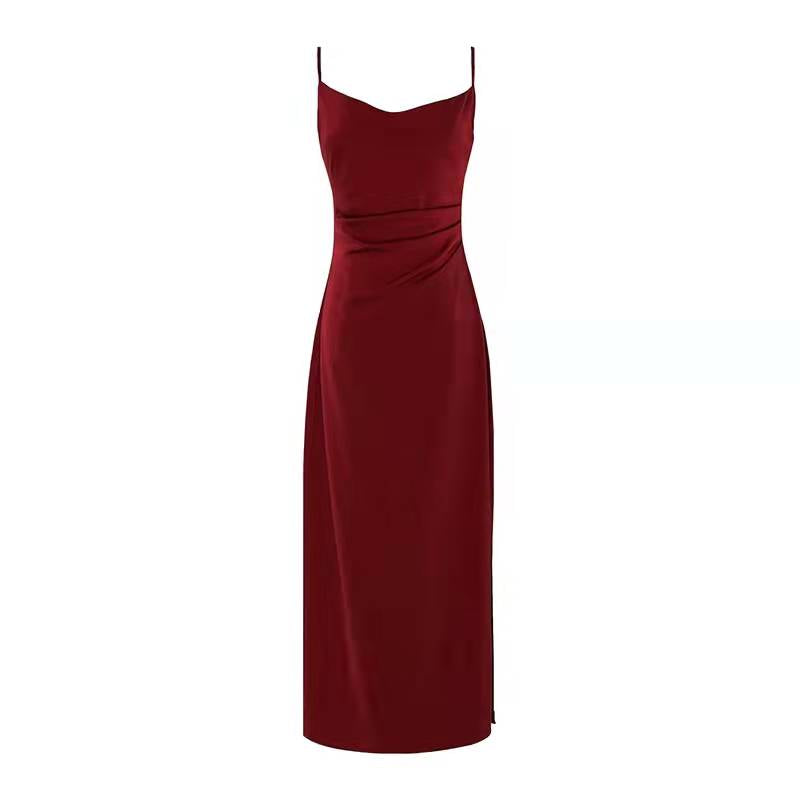 French Retro Sexy Swing Neck Sling Skirt Burgundy Prom Dress,Spaghetti Straps Classic Prom Dress
