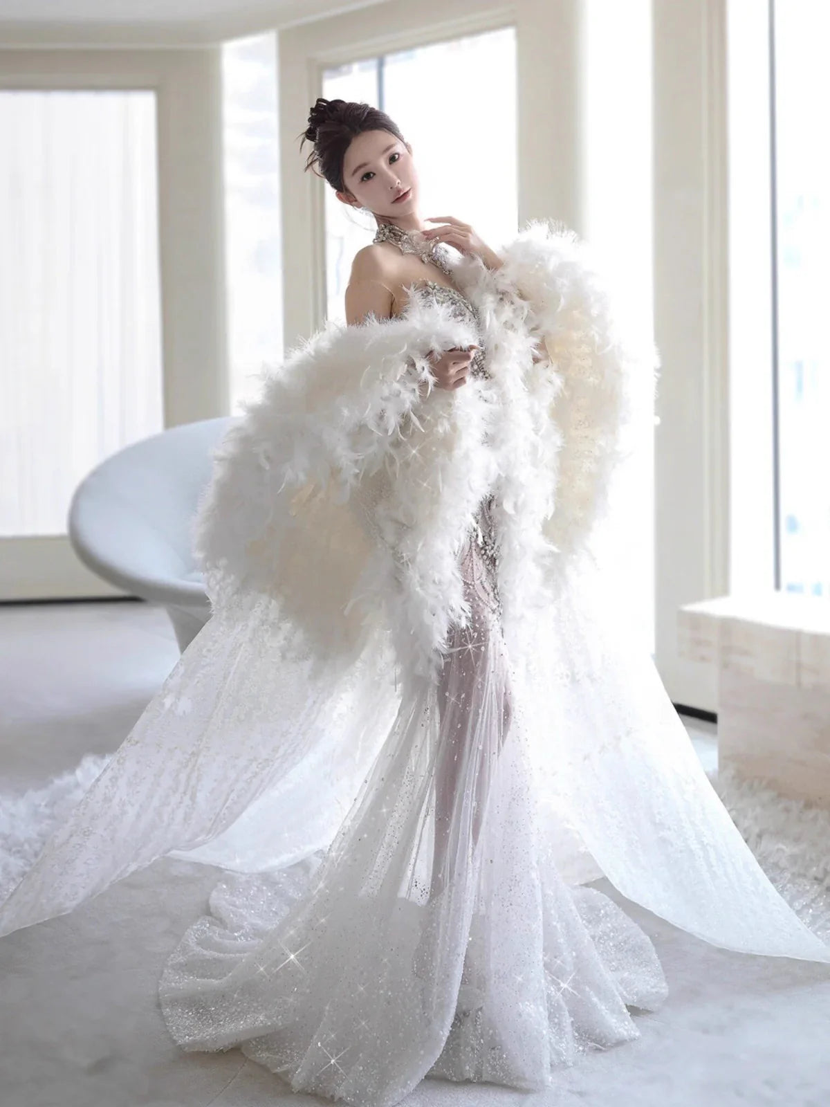 Elegant Silver-White Mermaid Sweetheart Neckline Pearl-Beaded Tulle Train Prom Dress Evening Dress