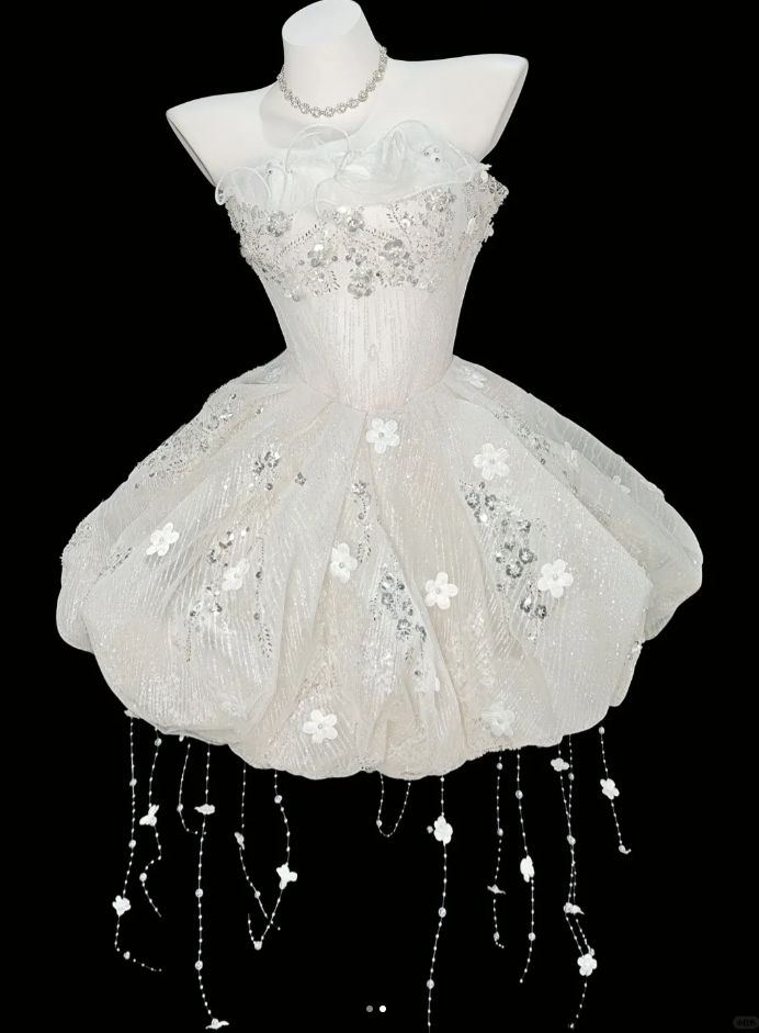 Glamorous Strapless White Tulle Sequin Beaded Appliques Long Birthday Prom Dress Evening Dress Two Piece