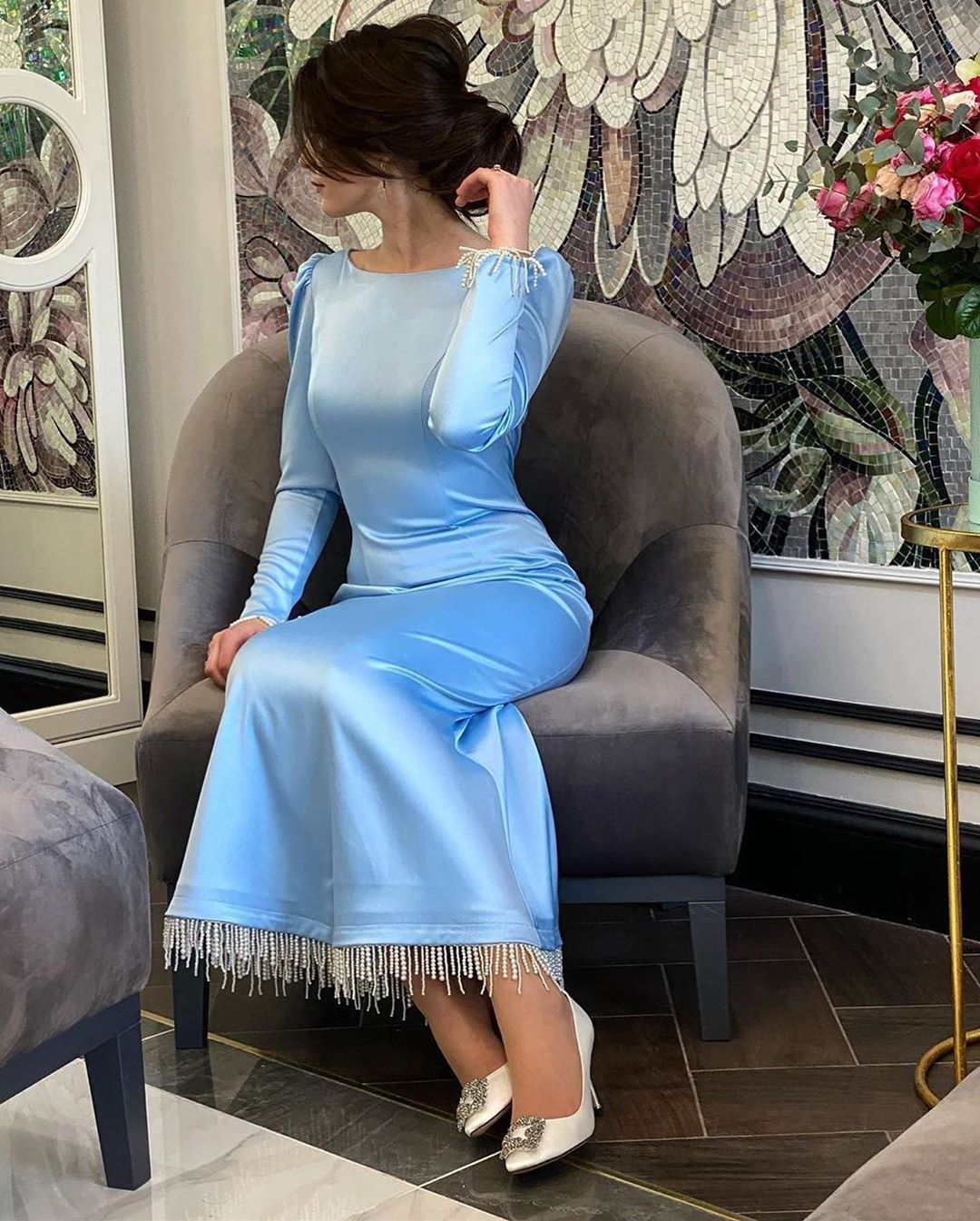 High Quality Mermaid Evening Dresses Long Sleeves Satin Beadings