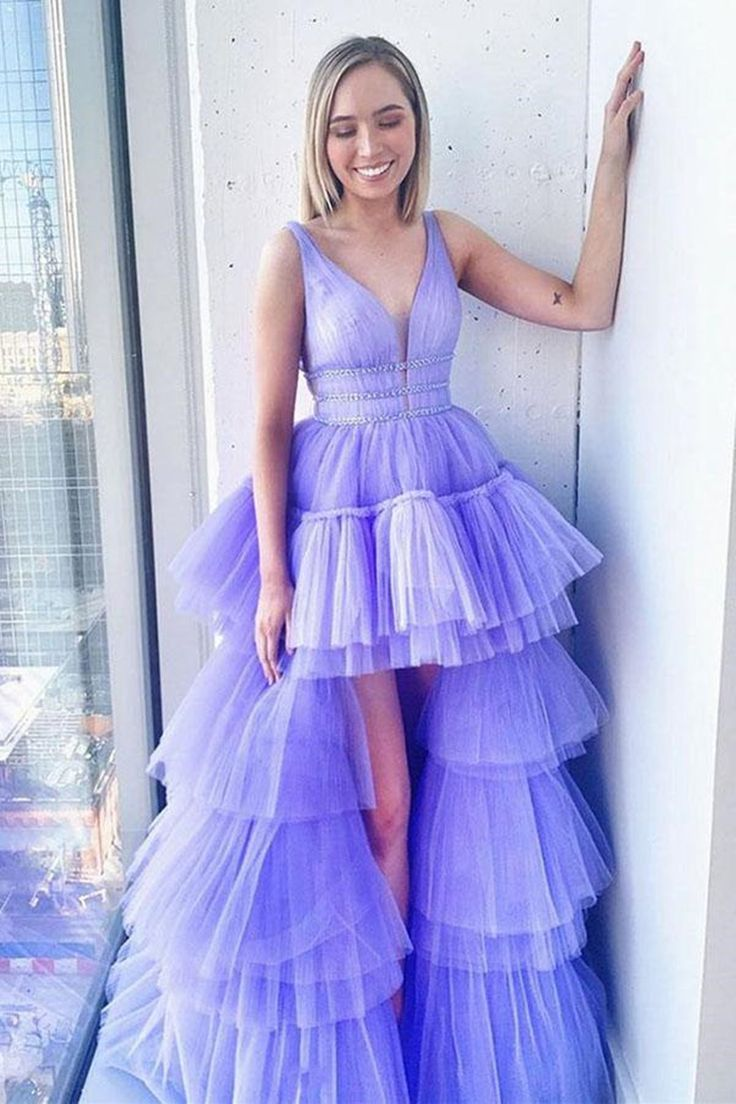 High Low V Neck Purple Tulle Long Prom Dress with Belt