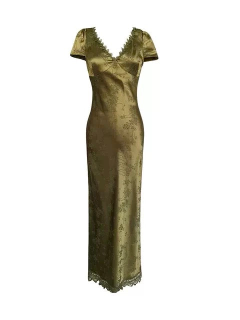 Sexy Mermaid V Neckline Short Sleeves Lace Green Floor Length Evening Dress Prom Dresses