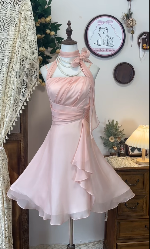 Classy Pink Halter Chiffon A Line Homecoming Dress Short Birthday Dress