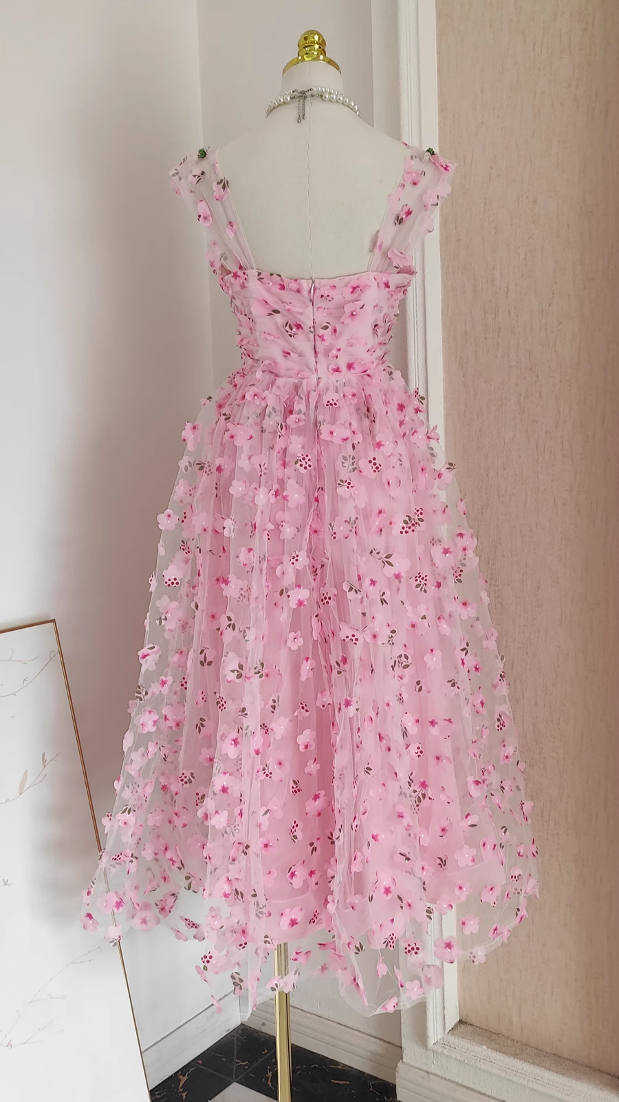 Chic A Line Straps Pink Floral Tulle Lace Prom Dresses Birthday Outfits
