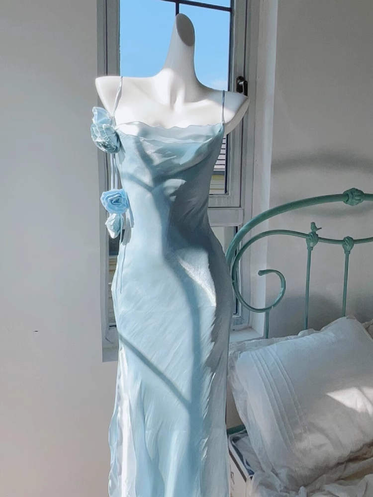 Chic Sheath Spaghetti Straps Light Sky Blue Flower Long Prom Dresses Birthday Outfits