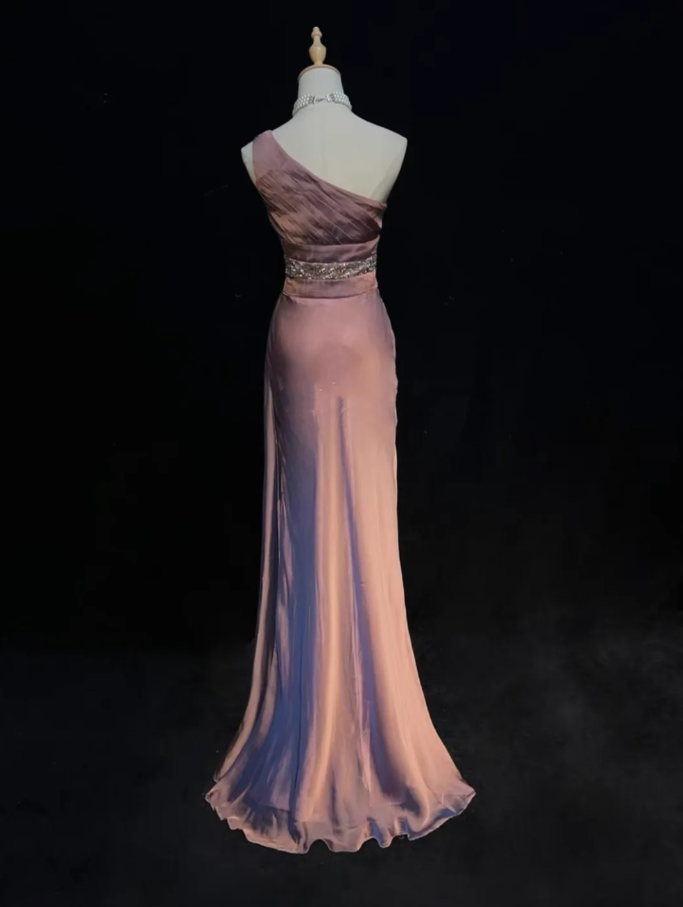 Pretty One Shoulder Pink Satin Pleated Beaded Mermaid Long Evening Dress Formal Birthday Party Dress