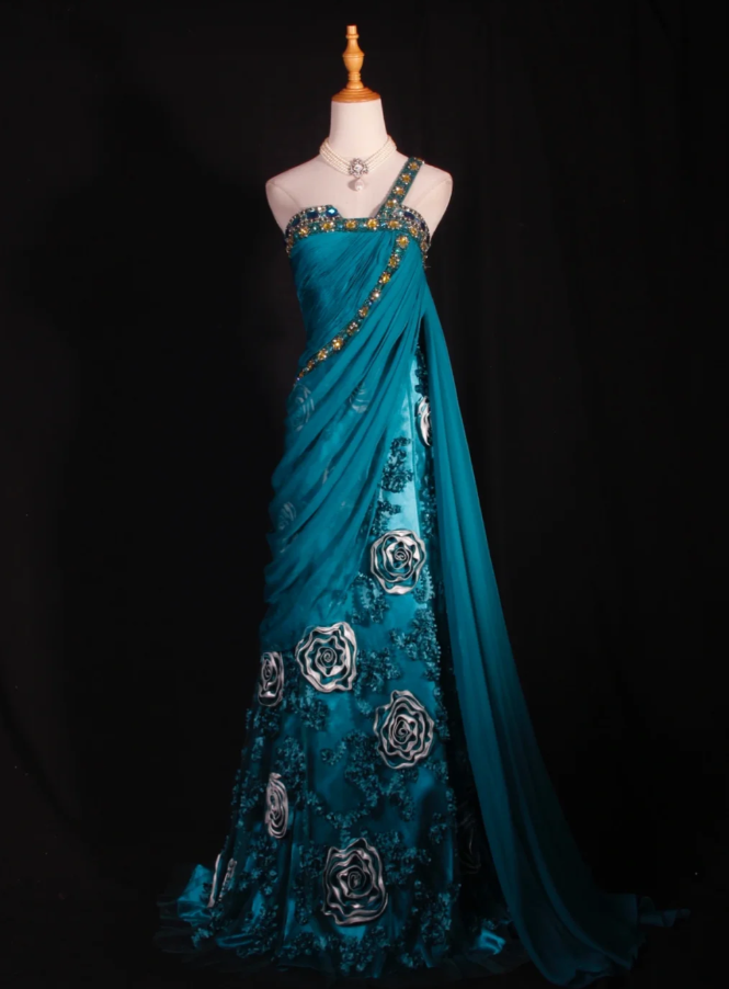 Vintage Blue One Shoulder Satin Beaded Mermaid Evening Dress Long Party Dress With Florals
