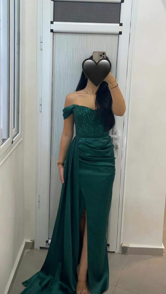 Dark Green Satin Off Shoulder Mermaid Side Slit Long Evening Prom Dresses