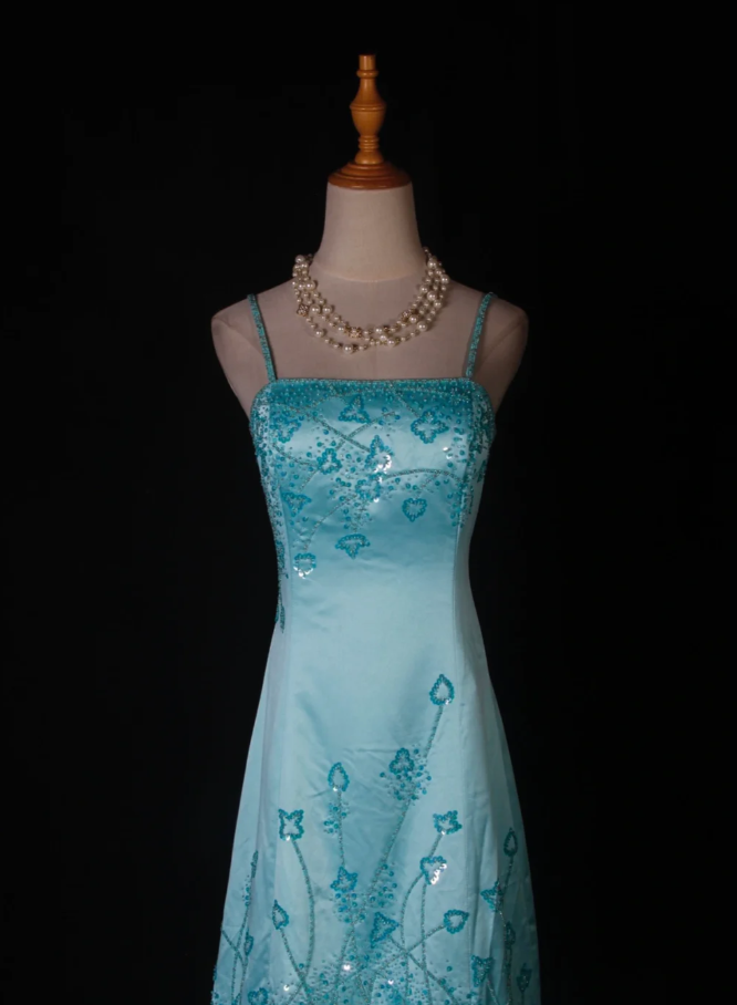 Gorgeous Blue Spaghetti Straps Satin Beaded Mermaid Long Birthday Prom Dress Party Dress