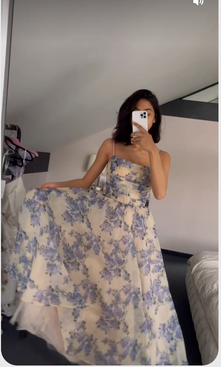 Tea-Length Party Dresses Spaghetti Straps Flower Print Prom Dress