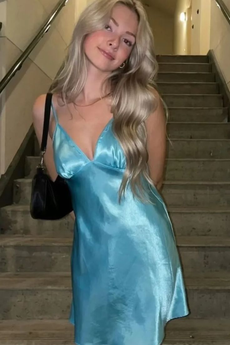 Simple Blue V Neck Satin Short Cocktail Dress Formal 8th Grade Homecoming Dress