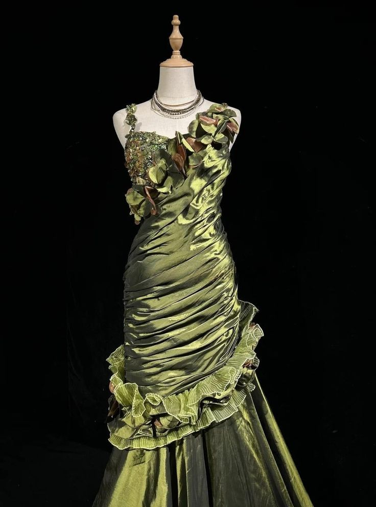 Vintage Green Satin Pleated Beaded Prom Party Dress,Long Mermaid Evening Dress