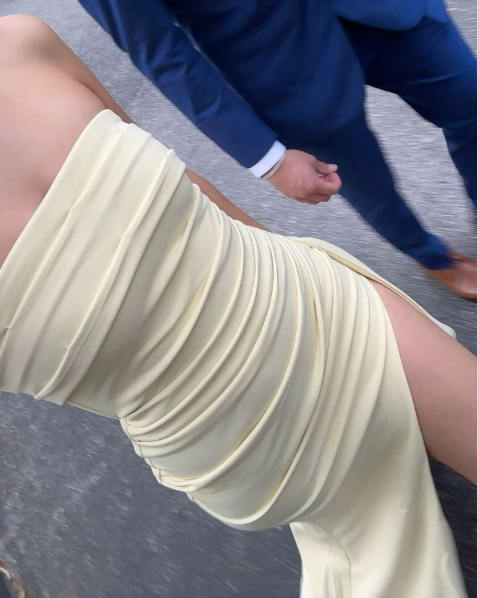 Cute Strapless Yellow Satin Pleated Slit Mermaid Evening Dress Formal Wedding Guest Dress