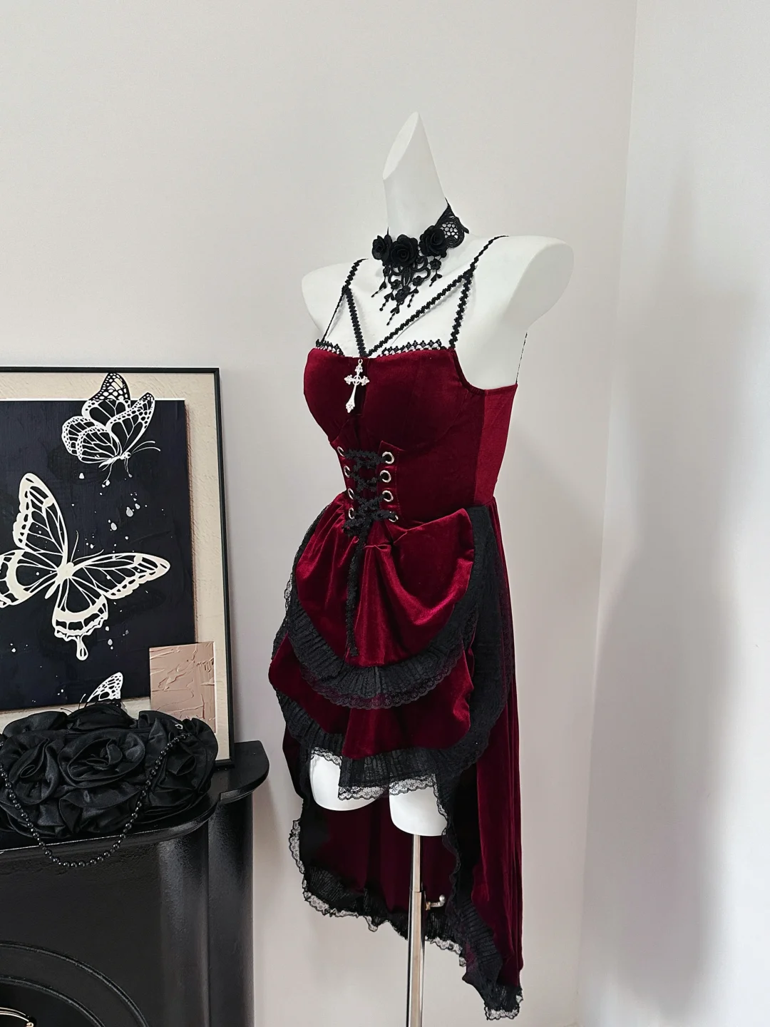 Pretty Red Velvet Lace Layered Birthday Dress Spaghetti Straps Short Graduation Homecoming Dress