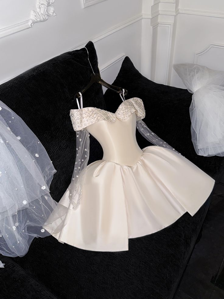 Classy Light Champagne Satin Off The Shoulder Birthday Outfits Homecoming Dress
