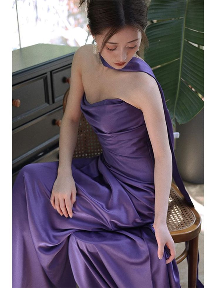 Purple Strapless Ruched Sheath Evening Dress Long Party Gown