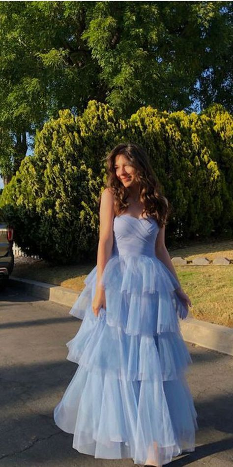 Elegant Blue Strapless Tulle Layered A Line Long Wedding Guest Dress Evening Dress