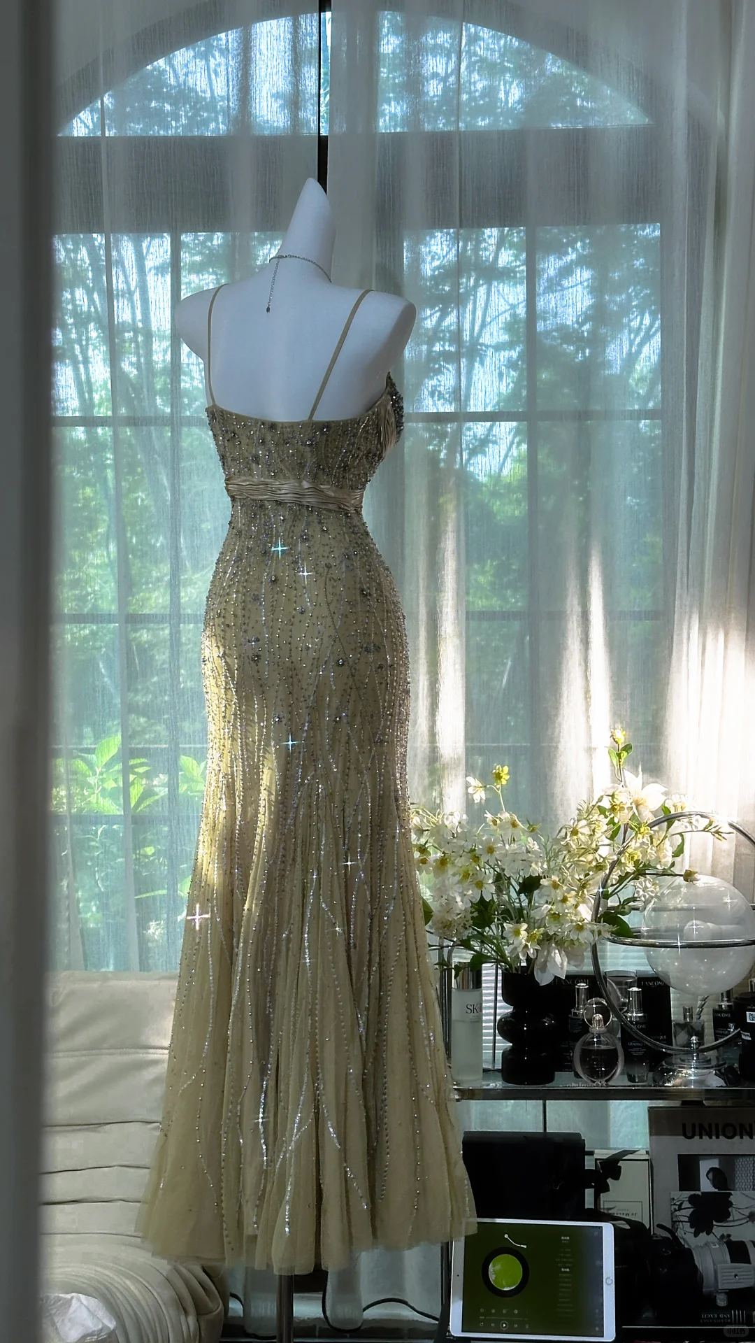 Classy Spaghetti Straps Green Chiffon Beaded Mermaid Long Prom Dress Evening Dress