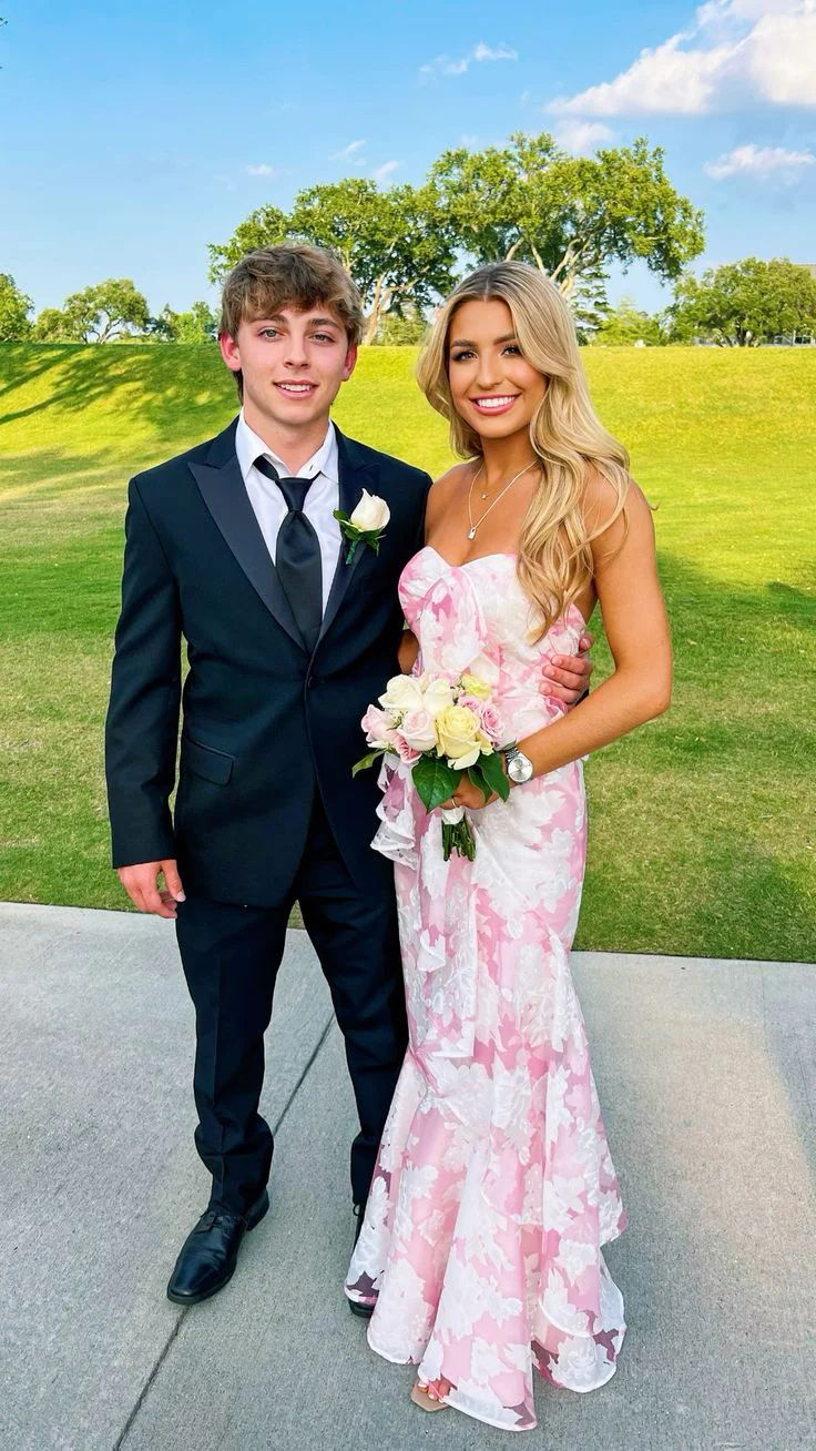 Classy Pink Mermaid Print Floral Evening Dress Prom Dress