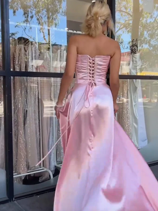 Pink Strapless Beaded Satin Party Dress A Line Prom Evening Dress