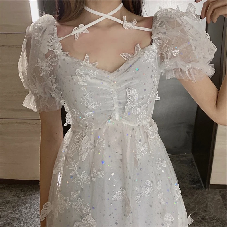 Butterfly White Summer Dress, White Homecoming Dress, Bohemian Summer Beach Sundress