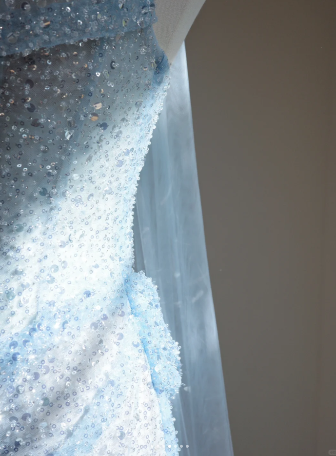 Pretty Strapless Light Blue Sequin Beaded Mermaid Long Birthday Party Dress Evening Gown