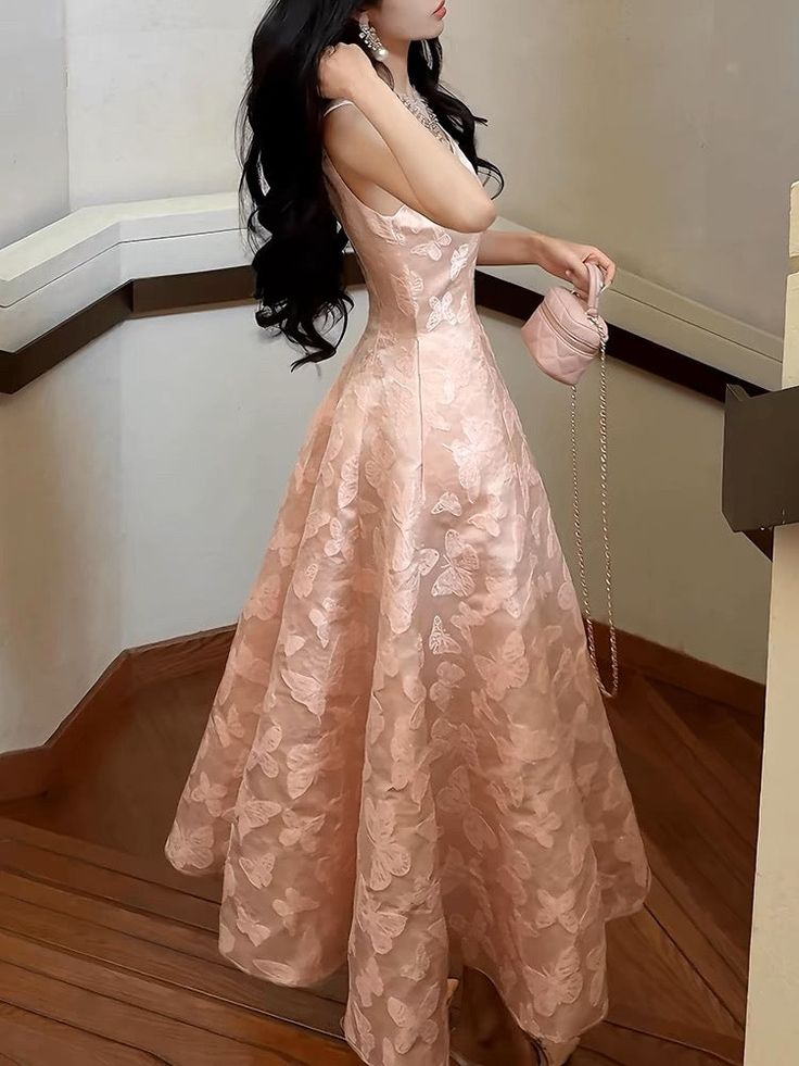 Chic Spaghetti Straps Pink Satin Print Prom Dress Evening Party Dress