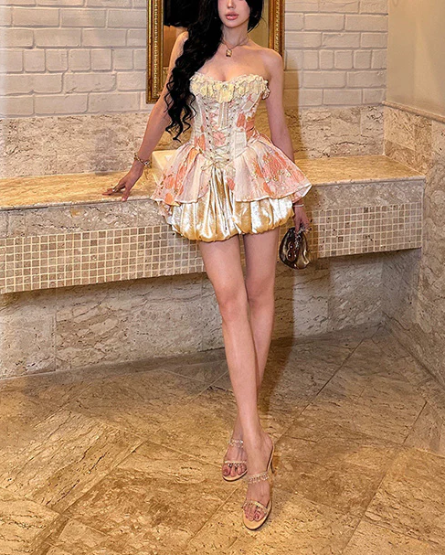 Gorgeous Strapless Satin Print Floral A Line Short Party Dress Graduation Homecoming Dress