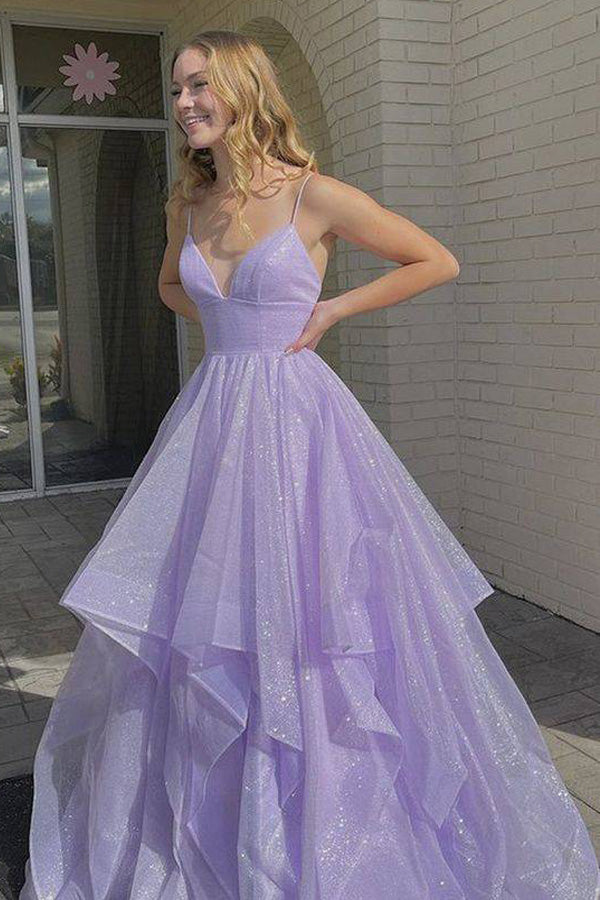 Sparkly Spaghetti Straps Lavender Tulle Long Prom Dress