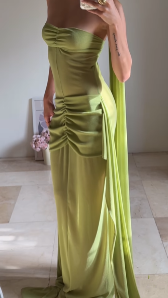 Elegant Green Strapless Ruched Party Dress,Long Prom Evening Dress