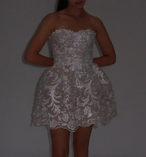 Classy Strapless White Lace Appliques Short Birthday Dress Formal Homecoming Dress