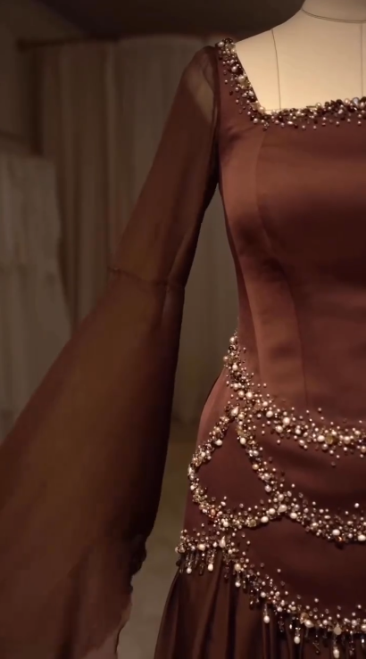 Gorgeous Brown Satin Chiffon Beaded Mermaid Prom Dress Long Party Gown