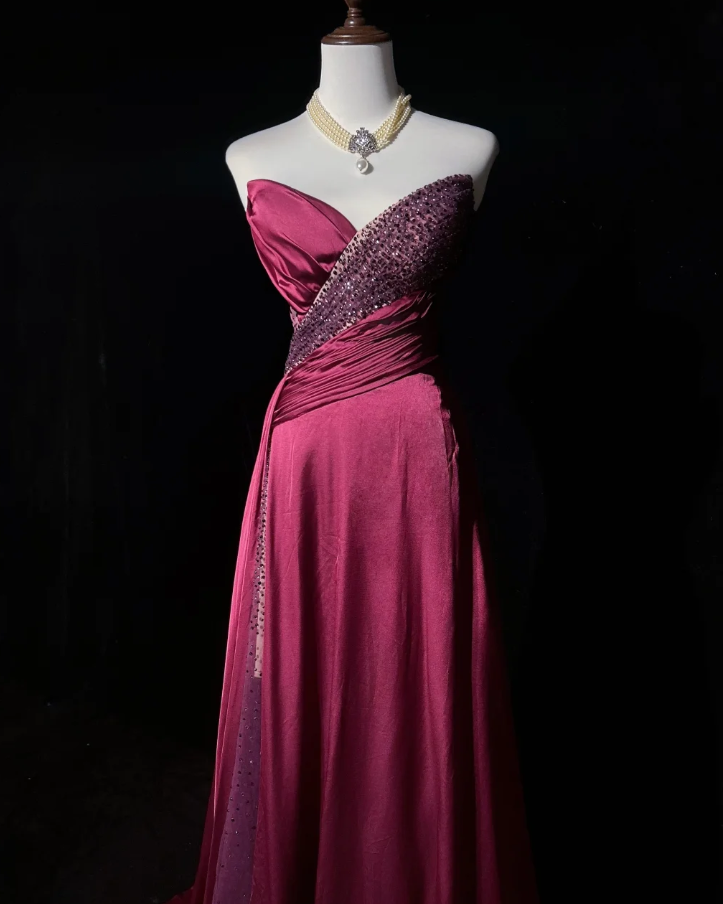 Elegant Strapless Hot Pink Satin Beaded Mermaid Long Wedding Guest Dress Formal Evening Dress
