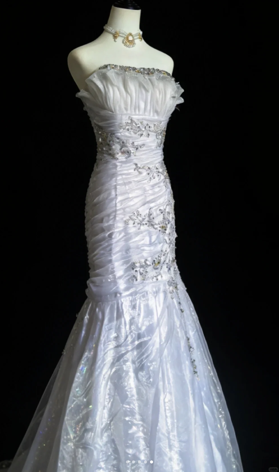 Elegant Strapless White Tulle Beaded Mermaid Long Party Dress Birthday Prom Dress