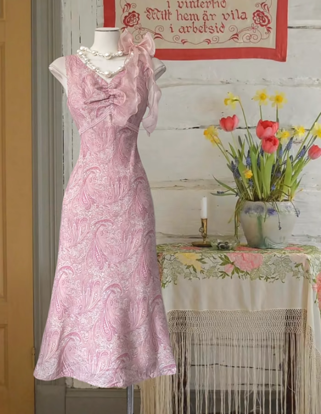 Pretty Pink V Neck Satin Print Floral Long Prom Dress Formal Evening Gown