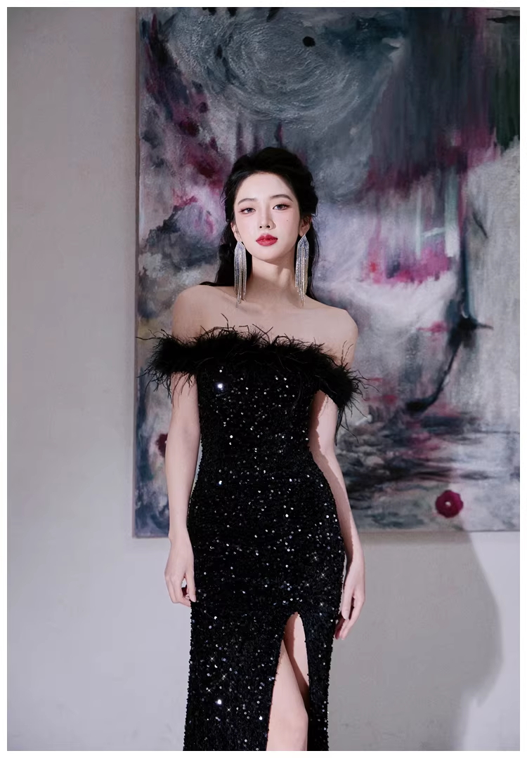 Glamorous Feathers Strapless Black Sequin Slit Mermaid Evening Dress Long Birthday Party Dress