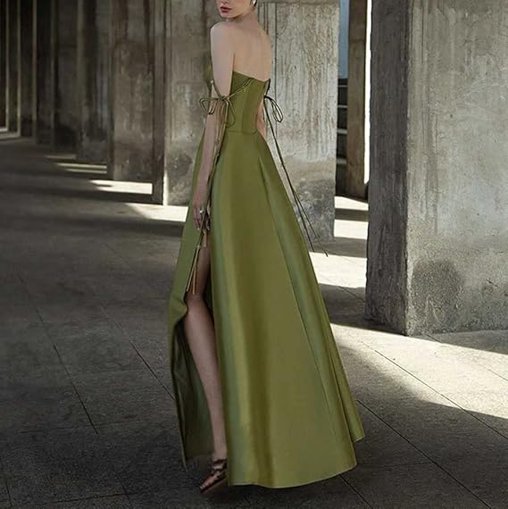 Simple A Line Green Satin Prom Dress Spaghetti Straps Long Party Evening Dress